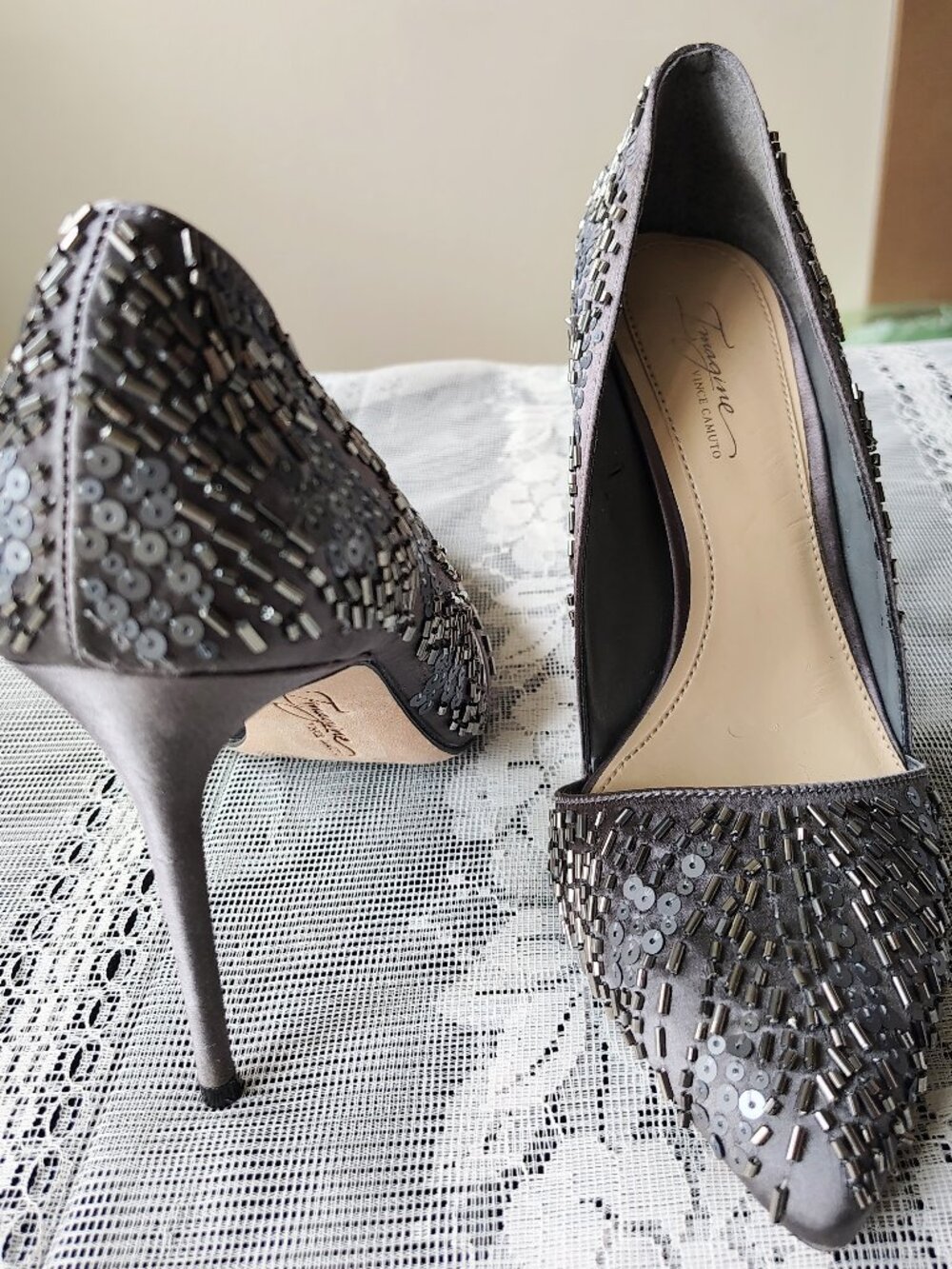 Pair VINCE CAMUTO, Bronze Satin Embellished d’Orsay Pumps, Size 6.5